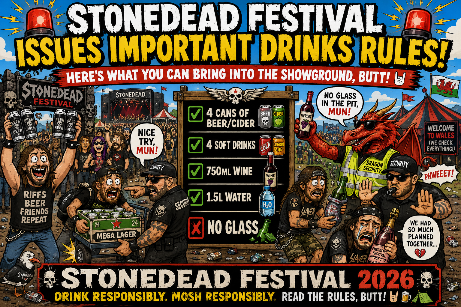 Colorful comic poster for Stonedead Festival 2026 showing a crowd, security guards, and a large rule board listing drink limits and 'no glass' rules.