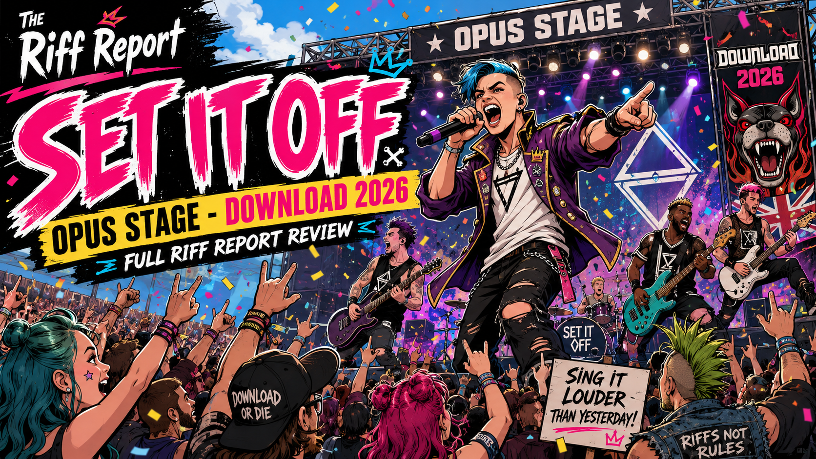 Colorful concert poster scene: a rock band performs on stage with a cheering crowd, featuring large 'SET IT OFF' and 'DOWNLOAD 2026' text banners.