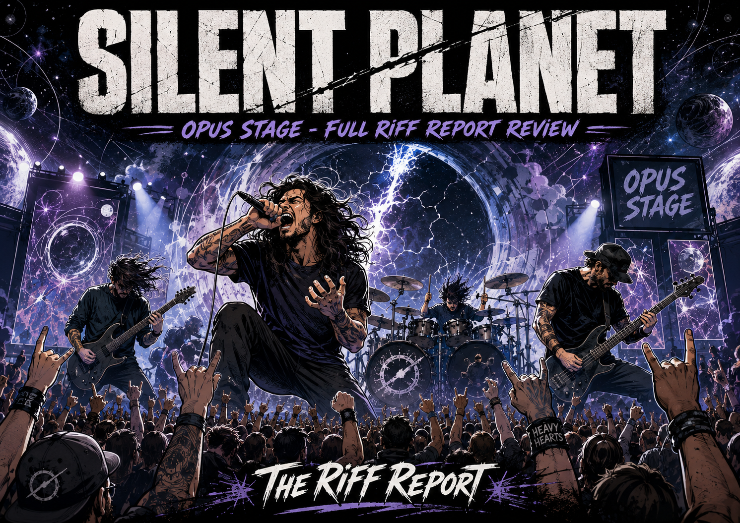 Rock band performs on a space-themed stage to a cheering crowd; large 'SILENT PLANET' banner above them on the galaxy backdrop
