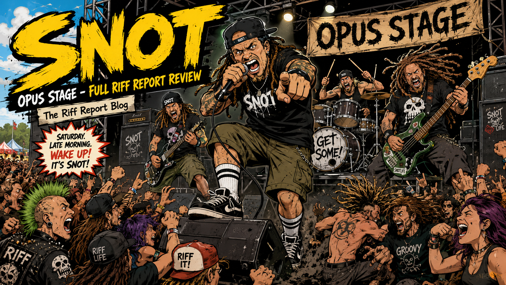 Illustrated rock band SNOT performing on Opus Stage at a festival, with a cheering crowd in front of large banners and amps.
