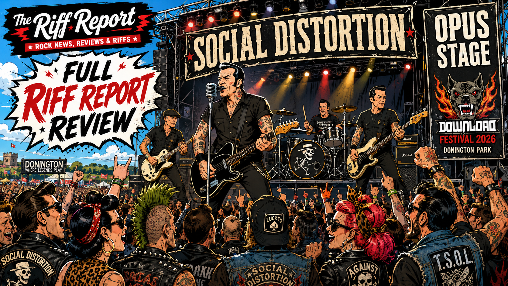 Cartoon-style rock concert with a band on stage under a 'Social Distortion' banner and a large 'Full RIFF REPORT' sign above the crowd.