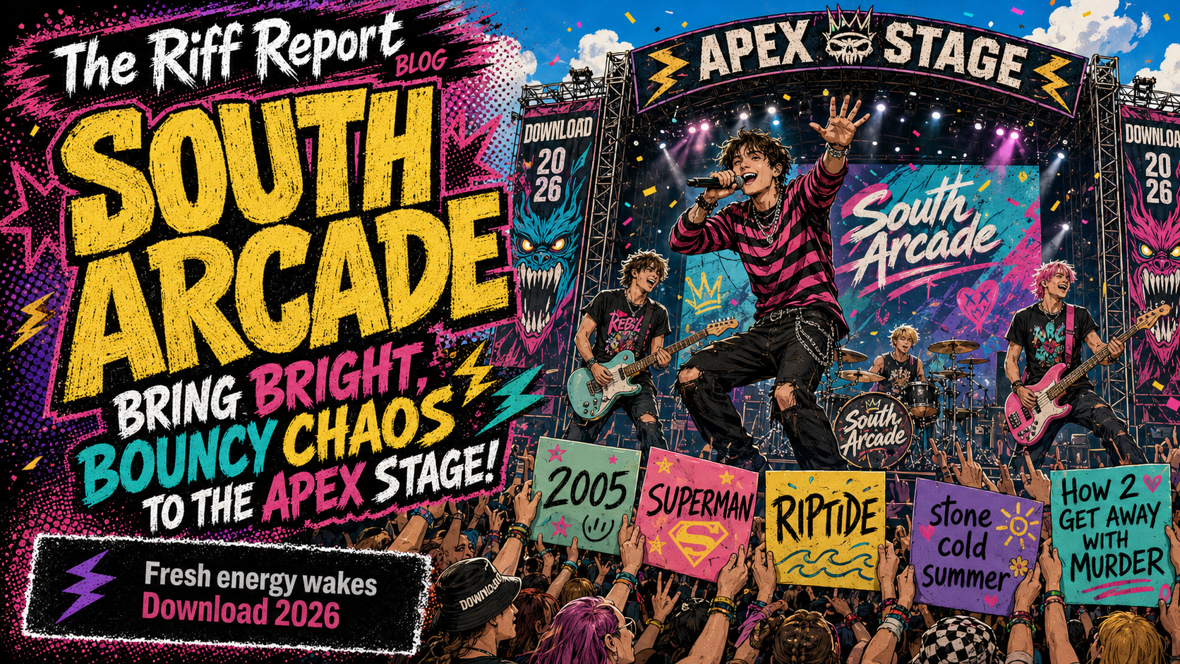 Comic-style concert poster: band performs on a bright Apex Stage while a cheering crowd holds colorful signs and confetti fills the air.