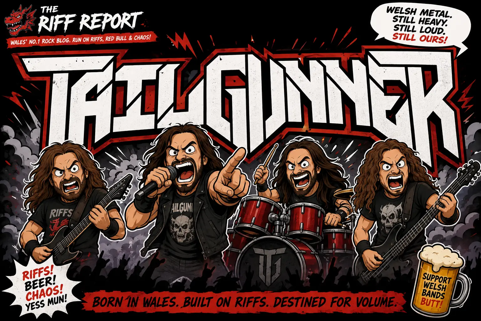 Cartoon rock band banner: four long-haired musicians play guitars and drums under a bold 'THE RIFF REPORT' logo on a dark, red-accented backdrop.