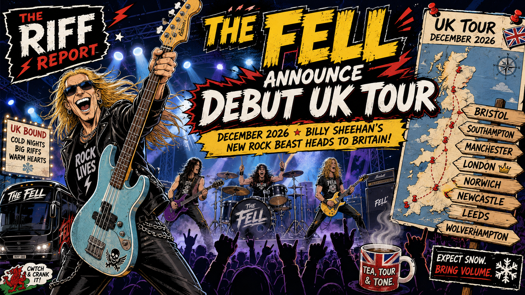 Concert poster announcing The Fell's debut UK tour, featuring a guitarist on stage, drums, and a map of tour stops across the UK.