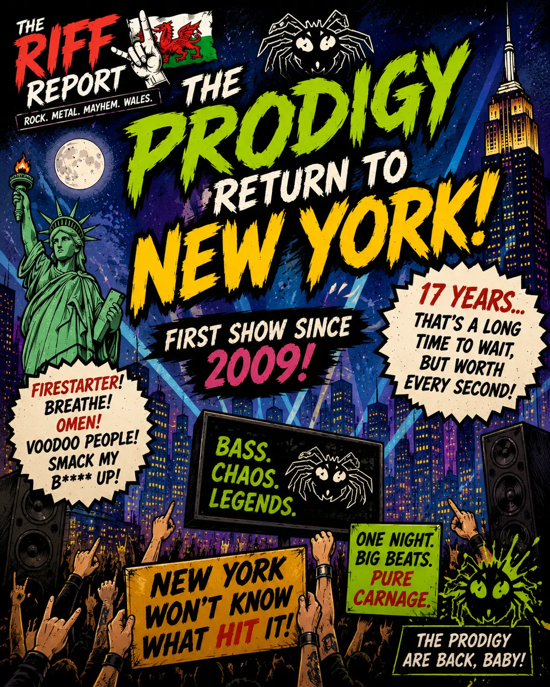 Poster for The Prodigy reunion show in New York with bold neon green and yellow lettering and crowd scene afar.