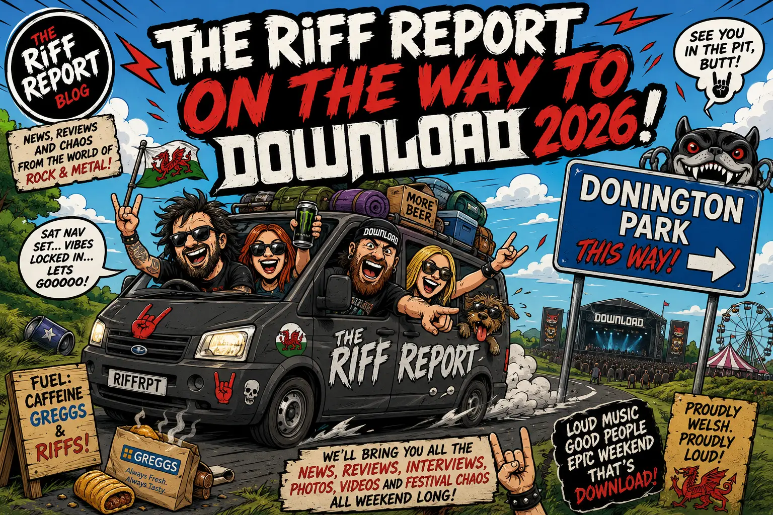 Comic-style illustration of a packed van labeled 'The Riff Report' driving toward Donington Park, with four friends hanging out the windows, festival gear on the roof, and bold banners announcing a 2026 download road trip.