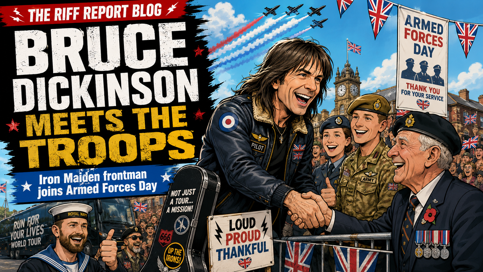 Comic-book style poster of Bruce Dickinson shaking hands with a veteran amid cheering troops on Armed Forces Day, with flags and planes overhead.