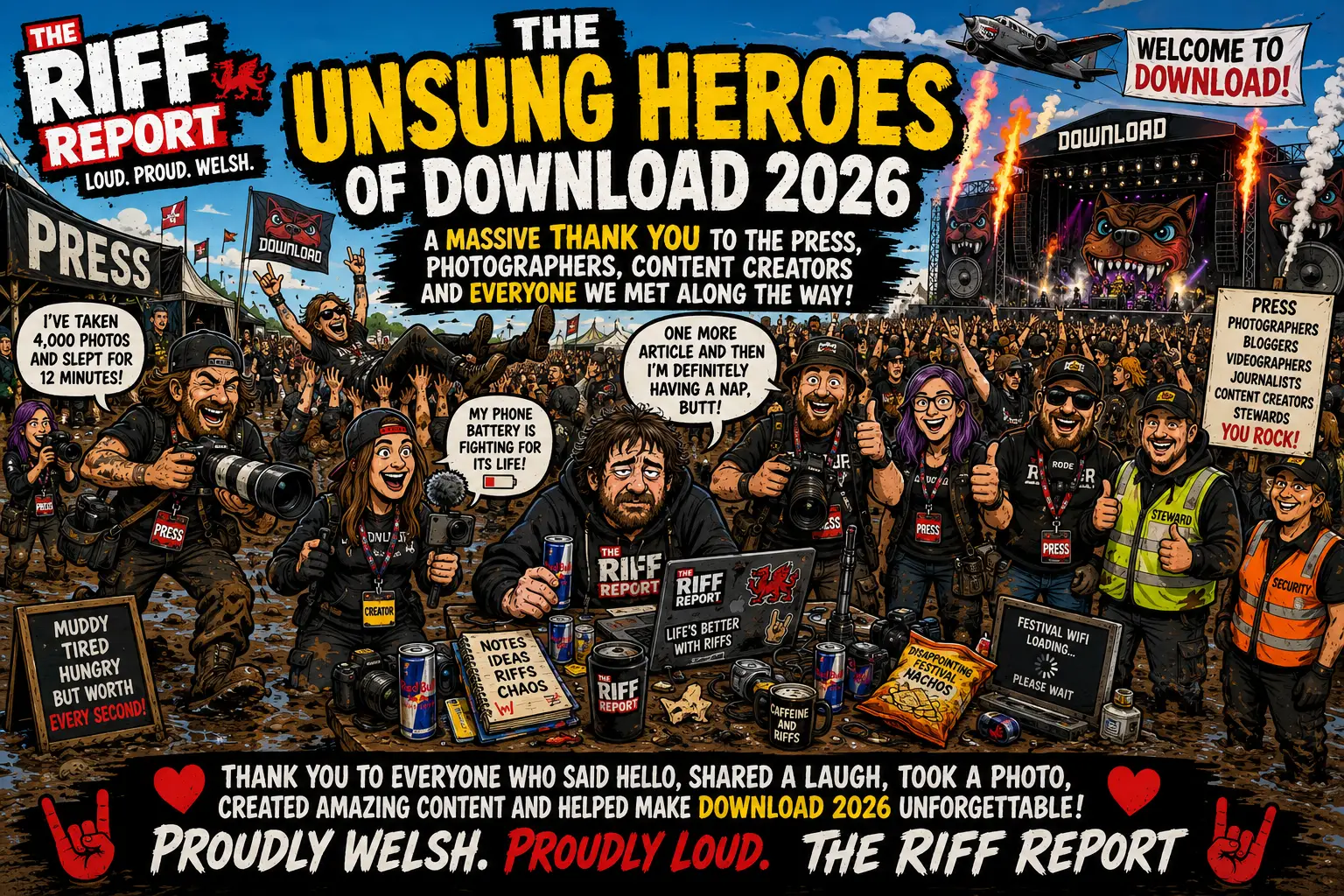 Colorful cartoon poster for The Riff Report—Unsung Heroes of Download 2026—featuring a muddy crowd of photographers and reporters around a press area and a large stage.