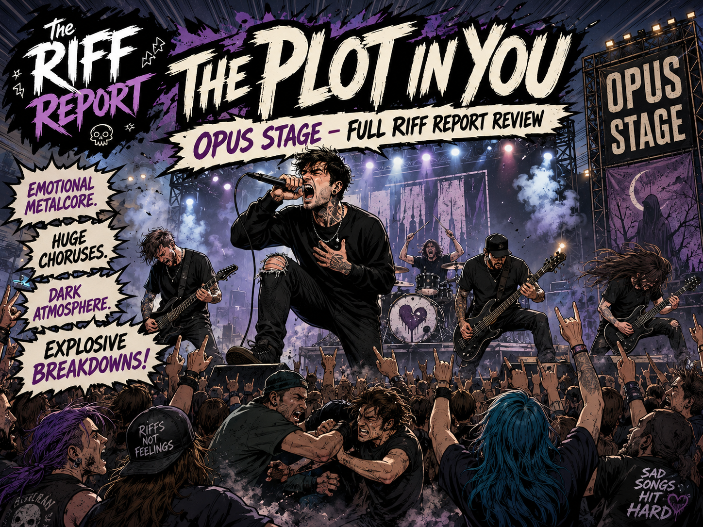 Comic-style illustration of a metal band on Opus Stage performing to a cheering crowd, with bold 'The Plot In You' banner and crowd energy.