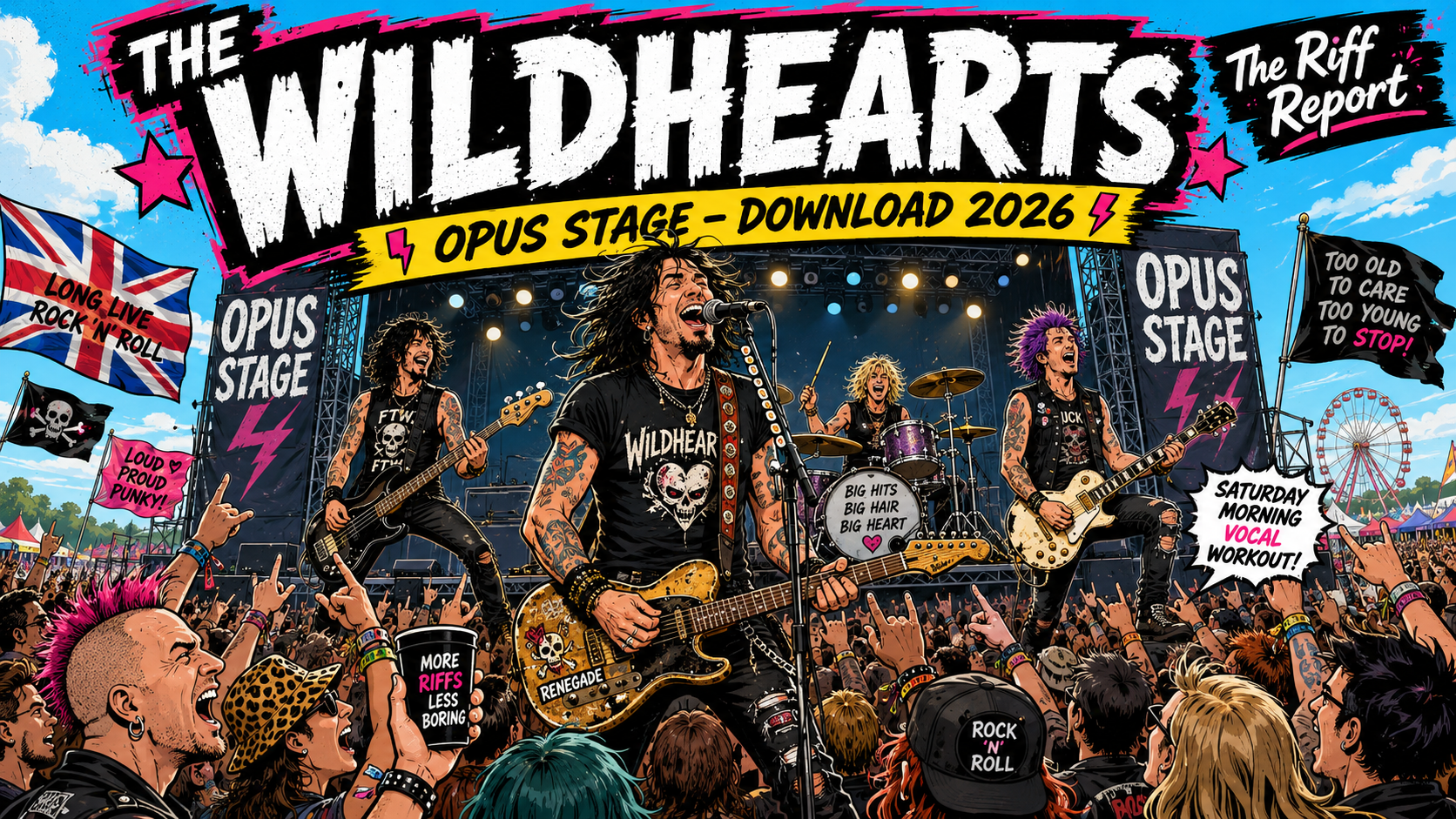 Illustrated rock band on a crowded festival stage with large 'The Wildhearts' banner and 'Opus Stage' signage, cheering fans in foreground.