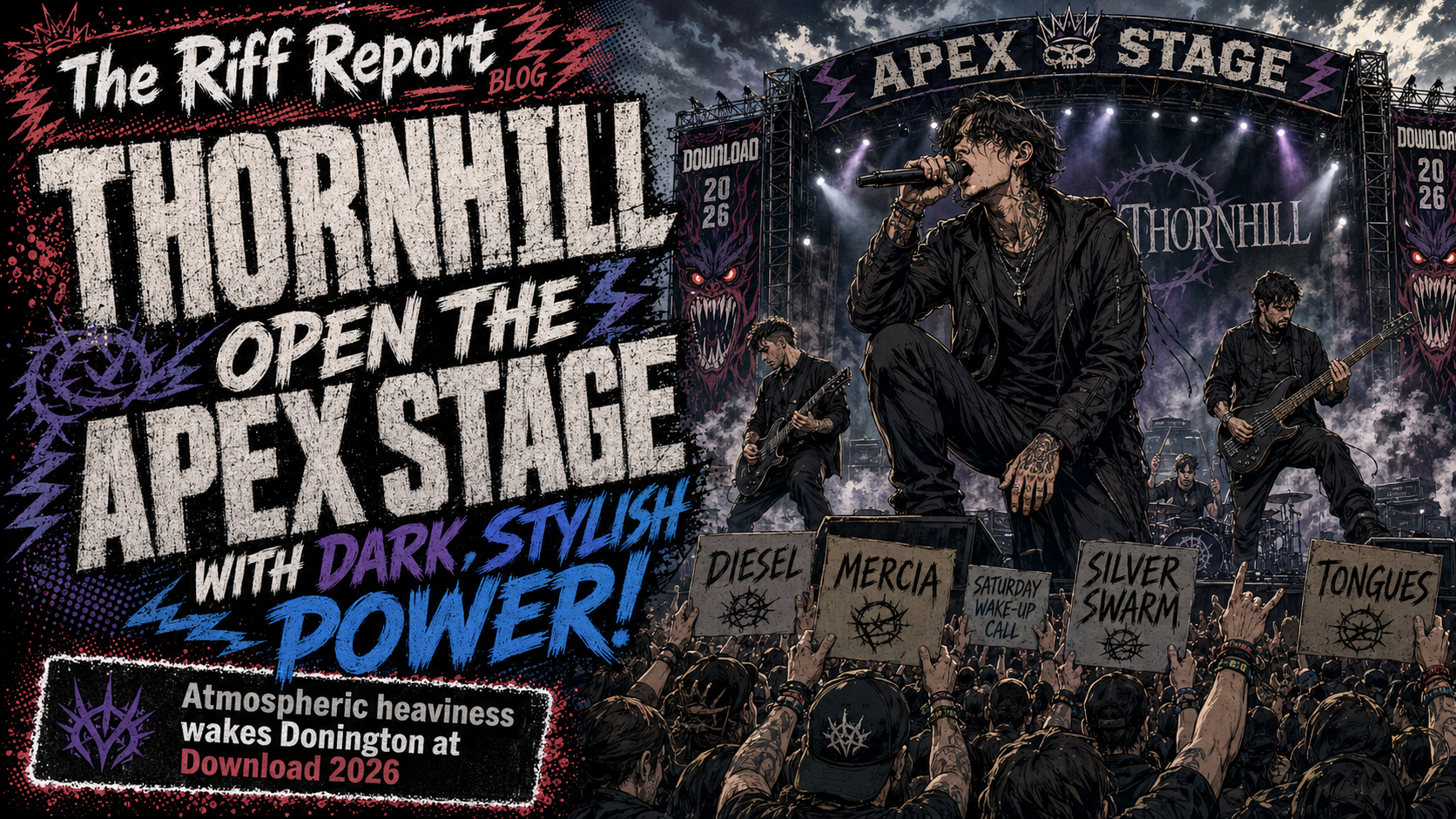 Illustrated concert poster for The Riff Report blog showing Thornhill on the Apex Stage, with a live band performing and a crowded audience holding signs (Diesel, Mercia, Saturday Wake-Up Call, Silver Swarm, Tongues).