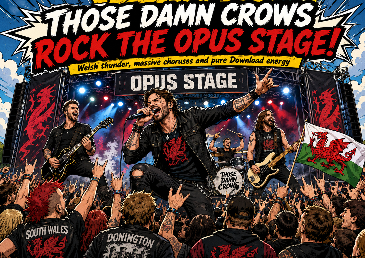 Energetic rock band performing on a crowded outdoor stage with a vocalist at center, guitarist and bassist flanking him, shouting into microphones as colorful stage lights flash. A Welsh dragon flag waves among the cheering crowd, and a bold banner reads 'OPUS STAGE' behind them.