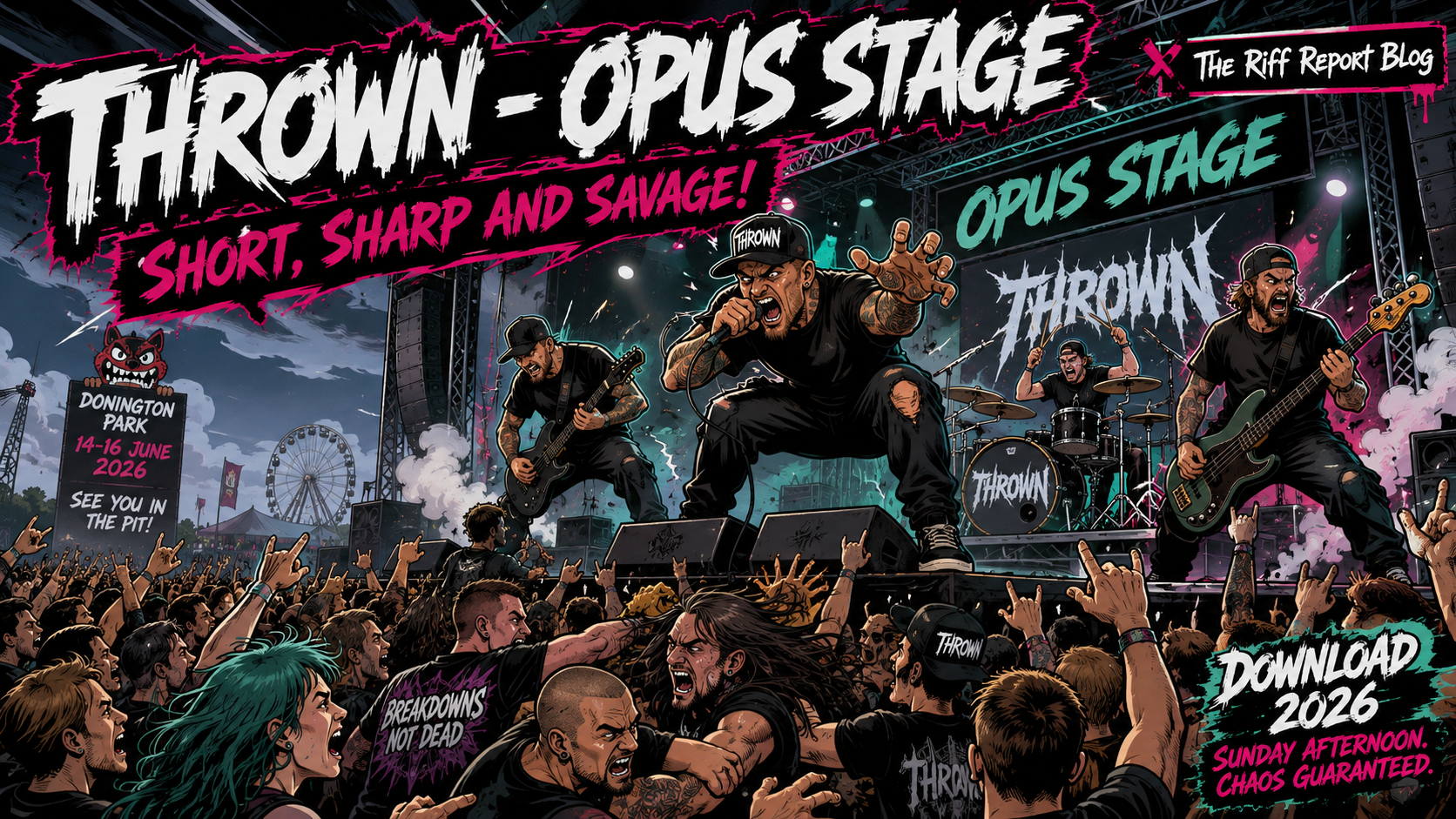 Gig poster scene: a band performs on a crowded outdoor stage with bold 'THROWN' lettering and neon pink accents, advertising Donington Park 14-16 June 2026.