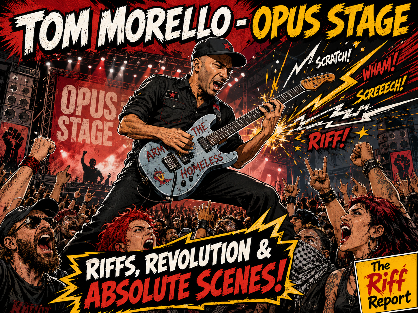 Guitarist on a dynamic stage, yelling while playing a blue guitar; crowd cheers and banners read Opus Stage and Tom Morello-Opus Stage.