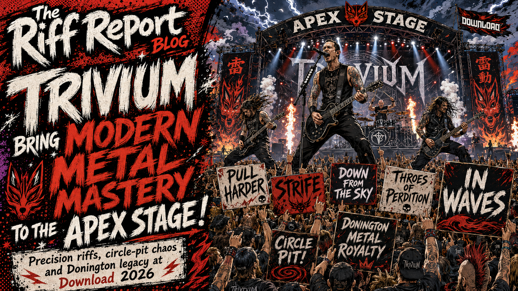 Comic-style concert poster showing Trivium on stage with flames and a cheering crowd; signs include Pull Harder and In Waves.