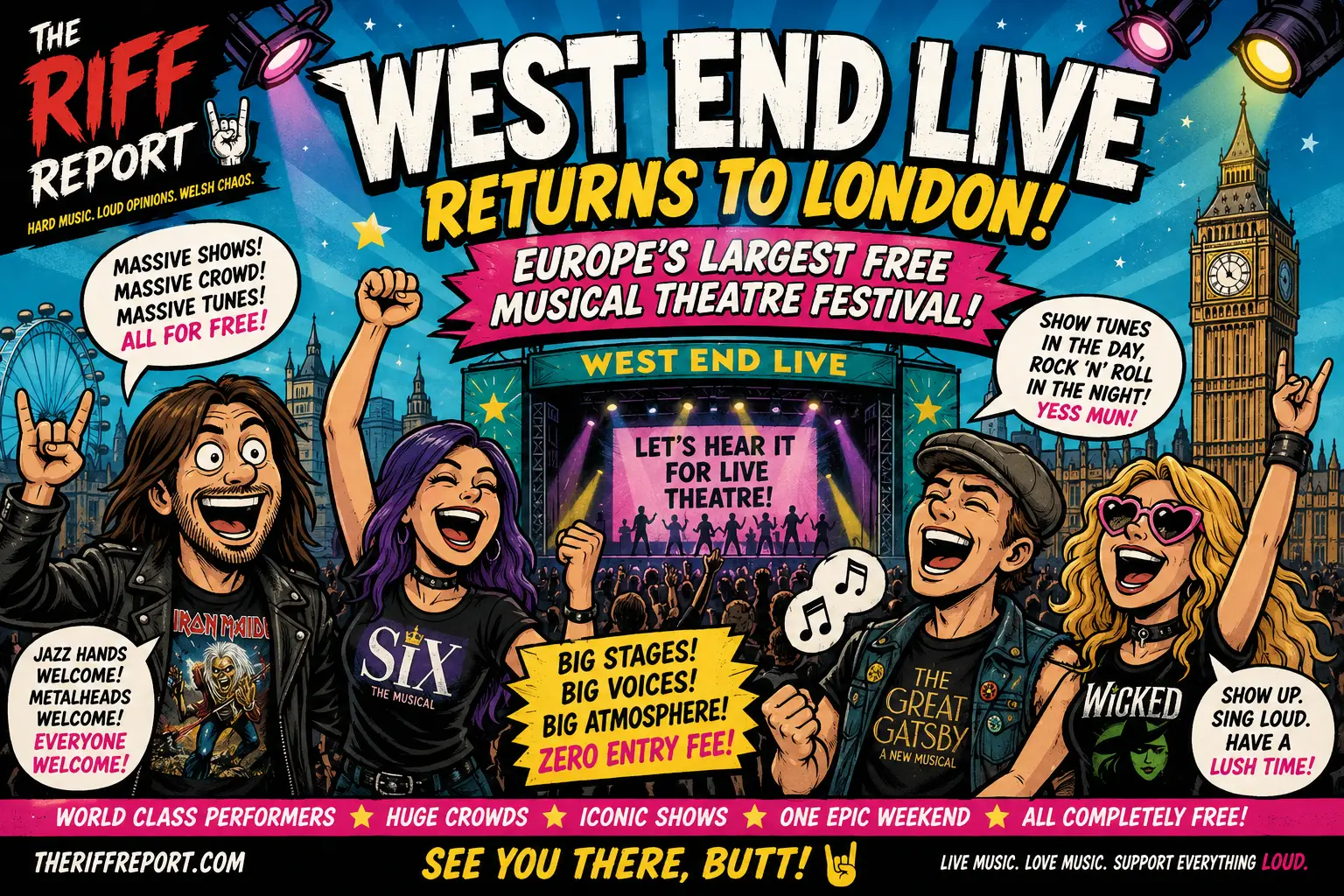 Poster for West End Live: Europeโs largest free musical theatre festival in London with a cheering crowd and colorful stage lights.
