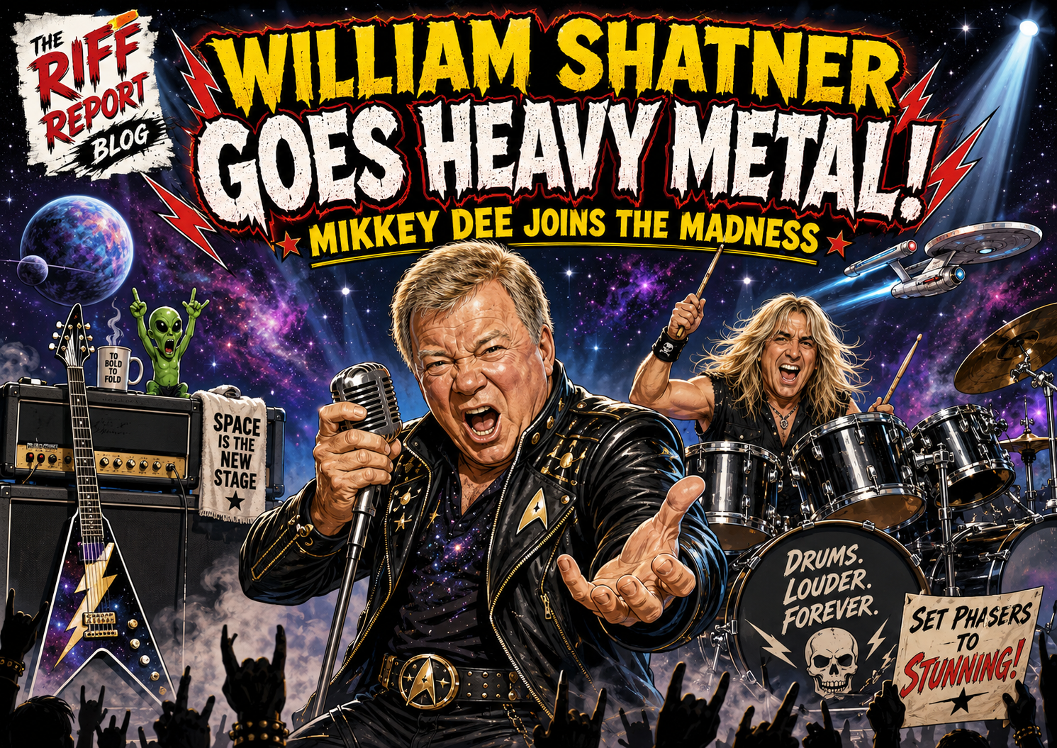 Poster for a heavy metal concert: William Shatner fronting a band with Mikkey Dee, space backdrop, and bold yellow title 'WILLIAM SHATNER GOES HEAVY METAL'.