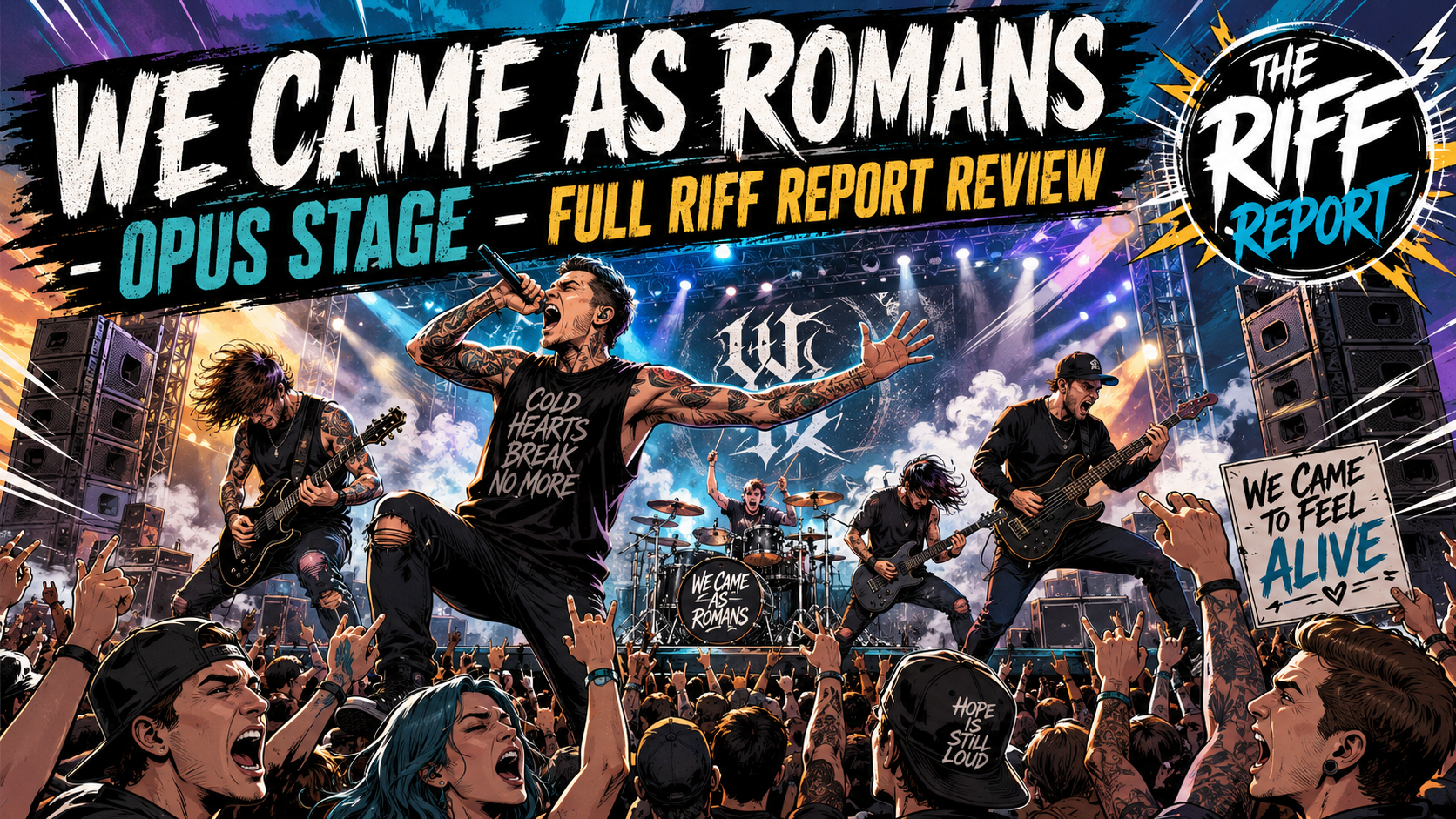 Energetic illustrated rock concert with a cheering crowd, a screaming vocalist, guitarists, and a large 'We Came As Romans' banner and The RIFF Report logo in the corner.