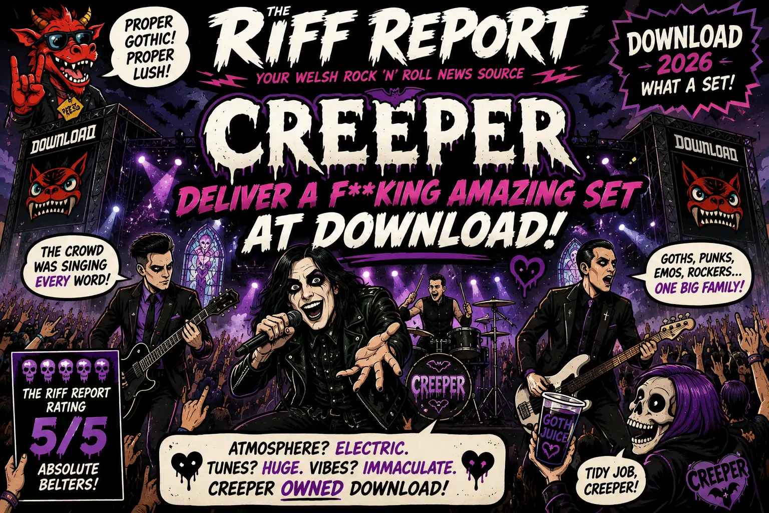 Vibrant concert poster for Creeper with band on stage, crowd, and bold 'CREEPER' title.
