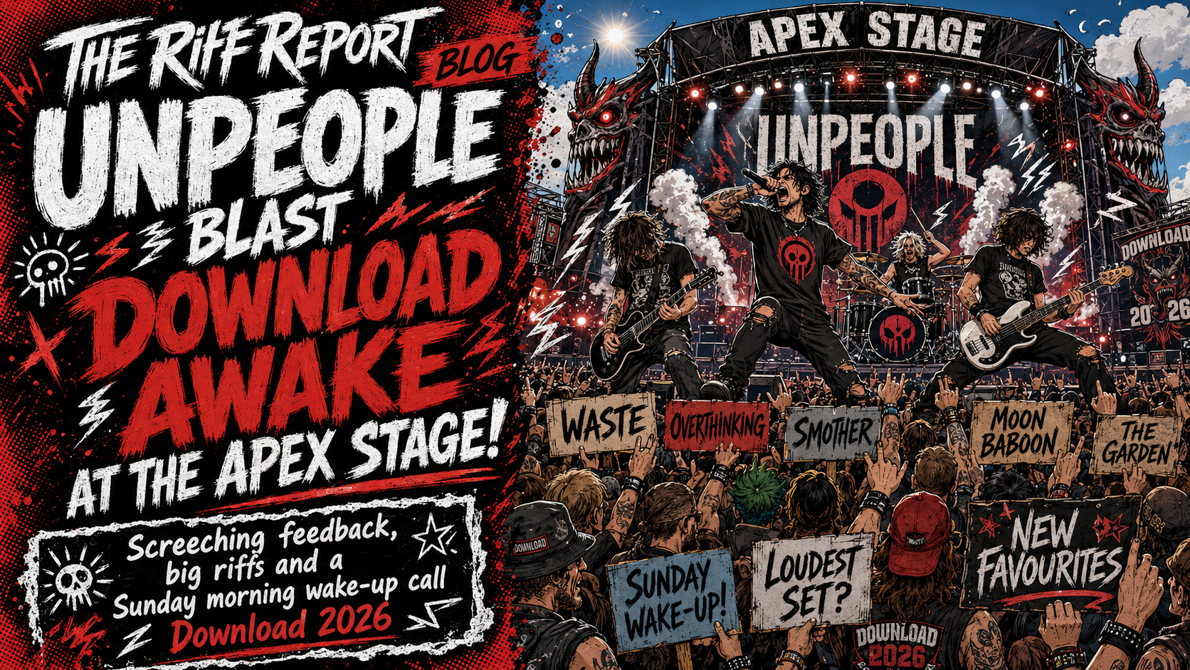 Concert poster for 'Unpeople' with band on stage, crowd with signs, and bold red/black graphics advertising 'Download Awake' and 2026 event info.