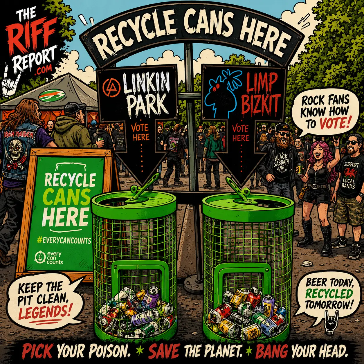Comic-style festival scene promoting recycling: two bright green recycling bins at the center, large 'RECYCLE CANS HERE' arch, crowd of rock fans, banners for Linkin Park and Limp Bizkit, and signs urging voting and recycling.
