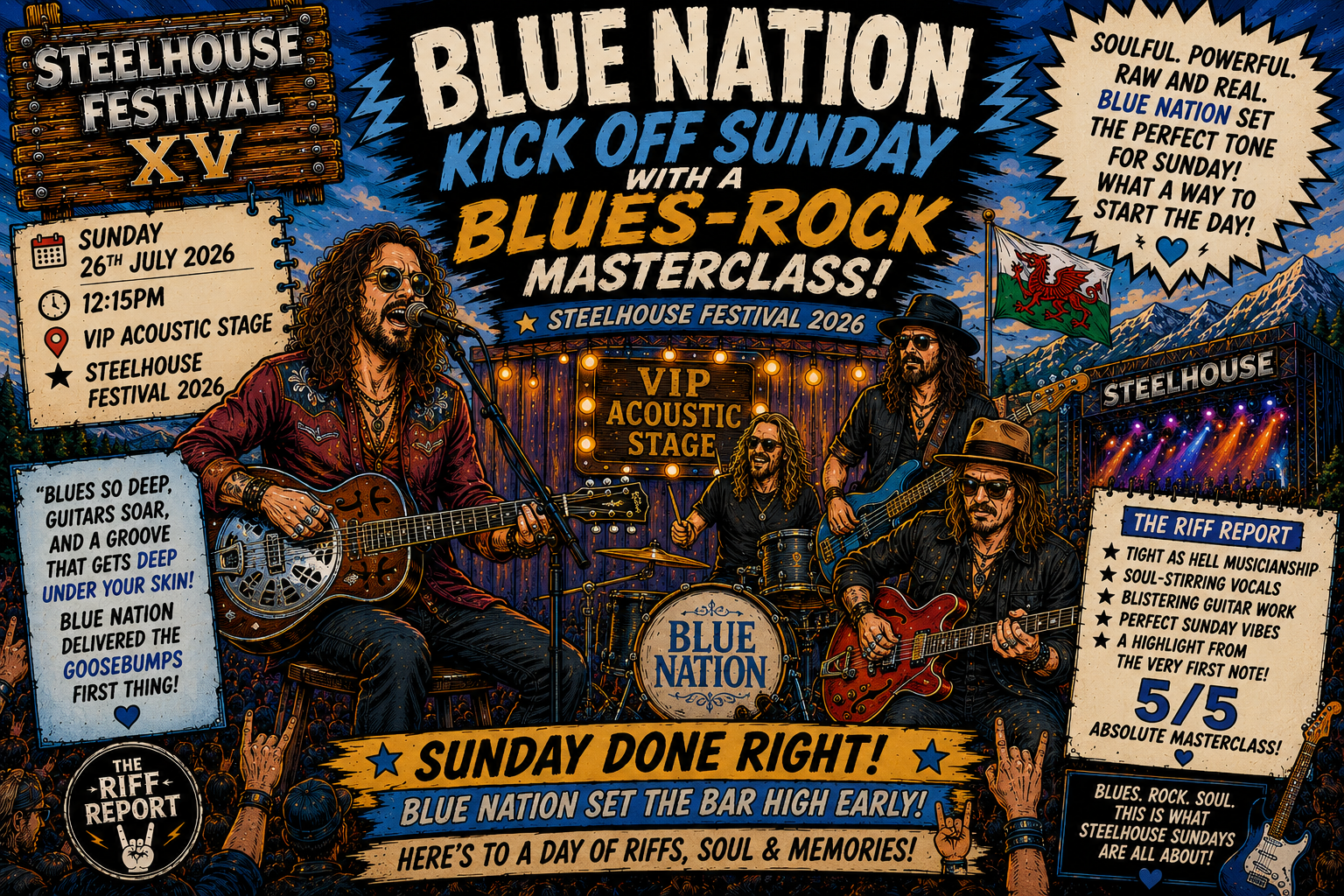 Vibrant festival poster showing a blues-rock band performing on a stage with numerous event details for Steelhouse Festival 2026 and Blue Nation promotions on a rugged comic-book backdrop.