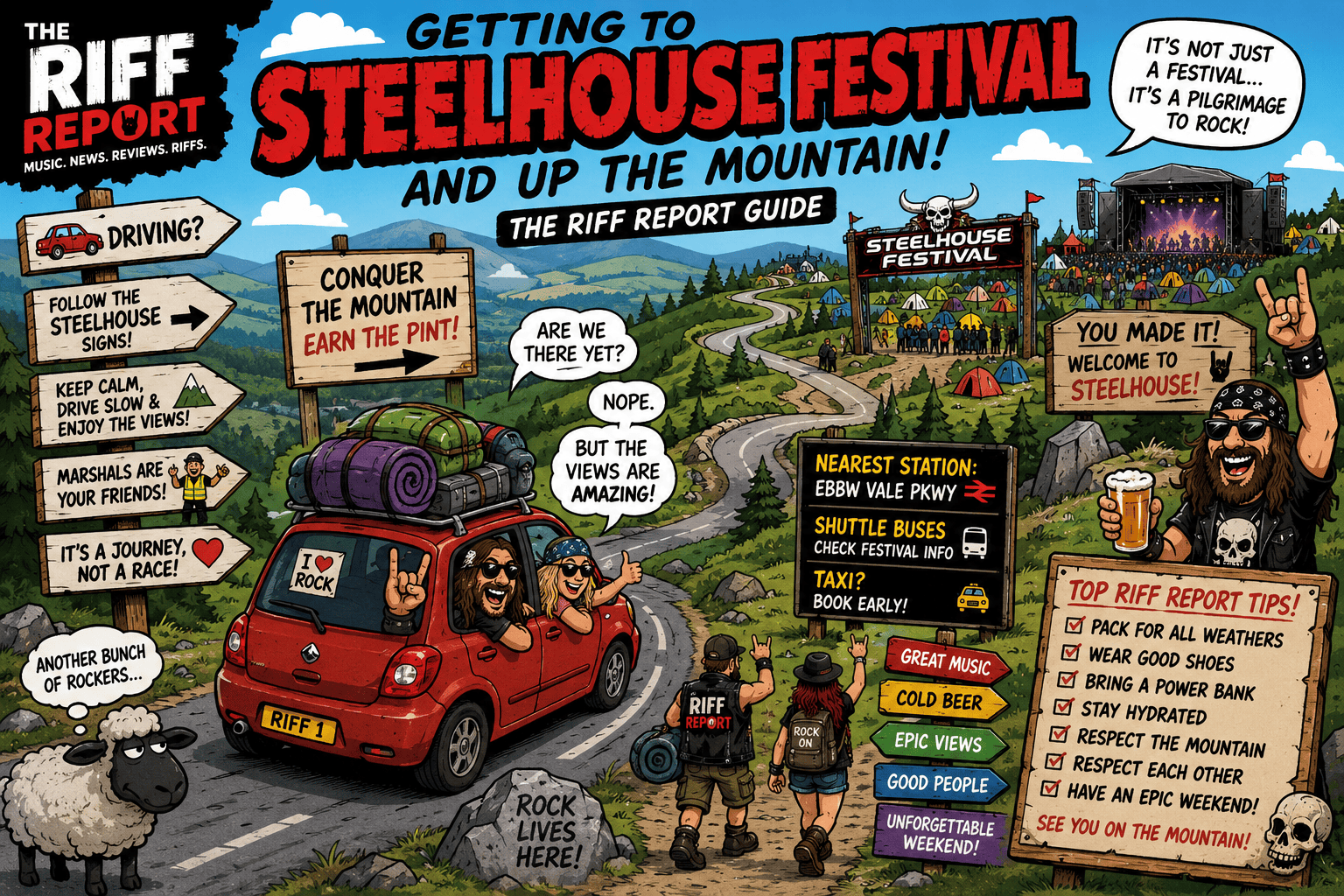 Colourful illustration of Steelhouse Festival with bands, fans, and festival signs.