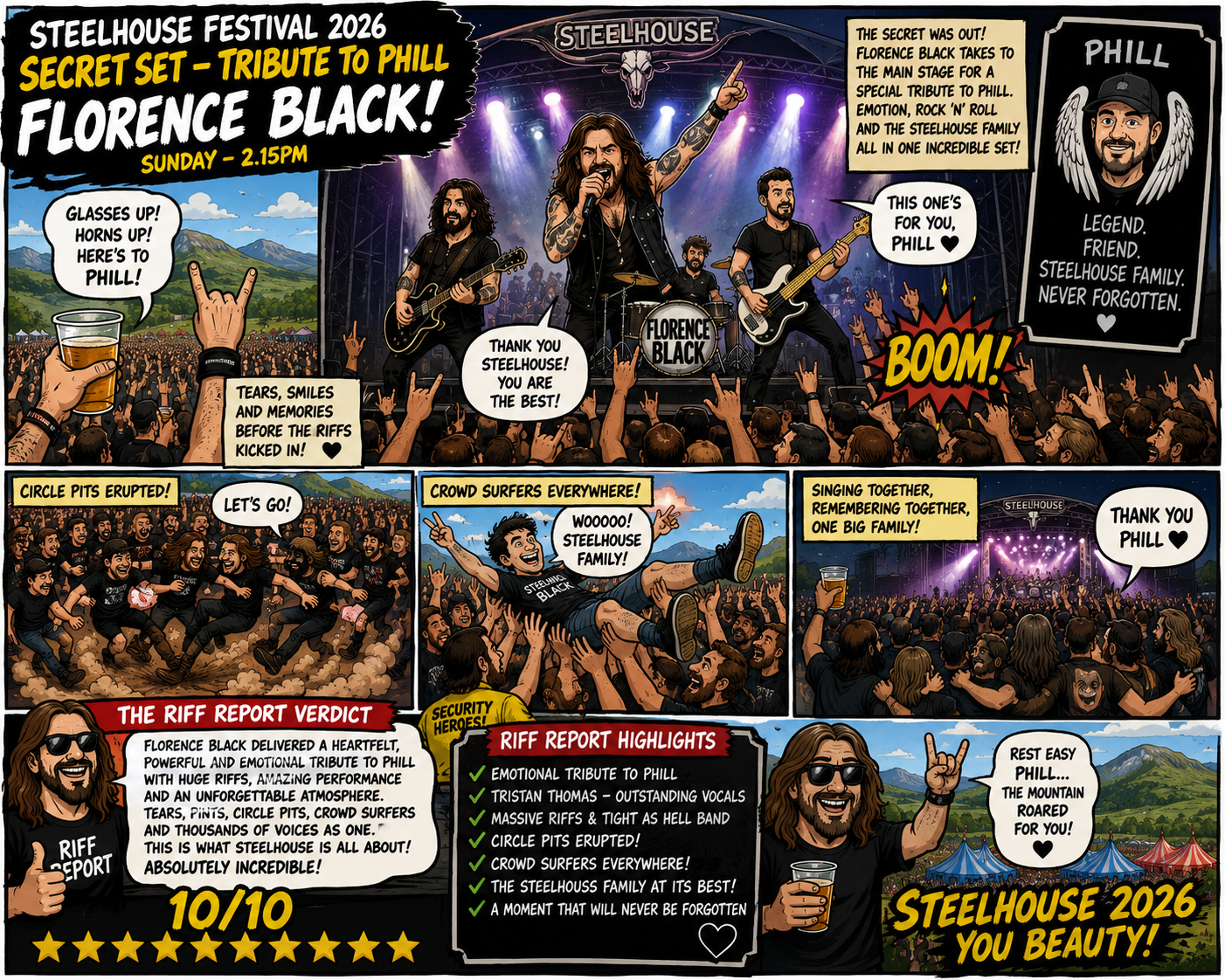 Comic-book poster of Steelhouse Festival 2026 honoring Phil Florence Black, with band on stage, cheering crowd, and tribute captions in panels.