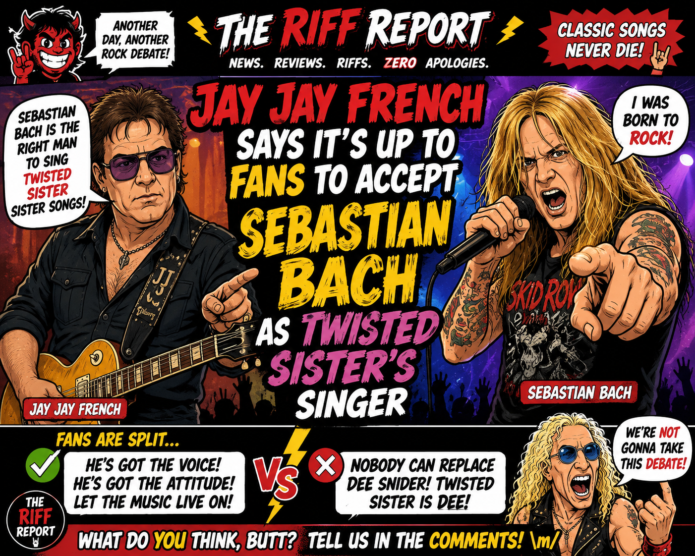 Comic-style cover announcing Jay Jay French (guitar) and Sebastian Bach (singer) with bold rock headlines and crowd silhouettes in the background, promoting a fan debate.