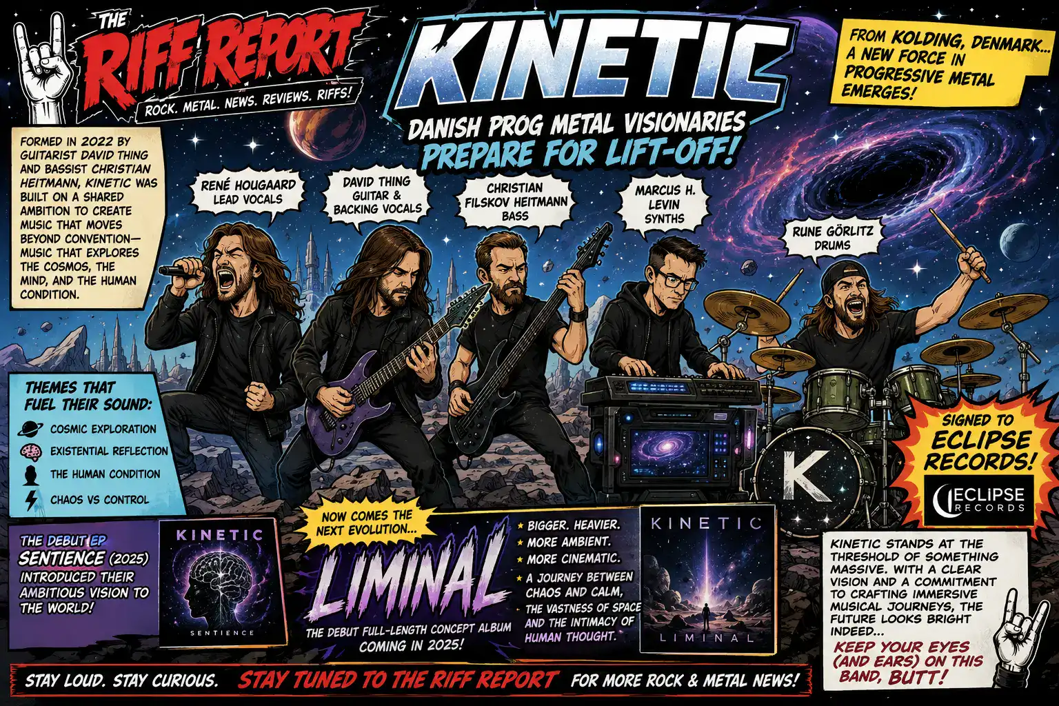 Comic-book style band poster for KINETIC: five musicians playing guitars and drums in a cosmic sciโfi scene with bold headlines and logos.