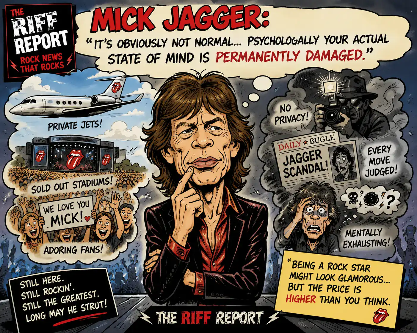 Caricature of Mick Jagger at center with a pensive pose, surrounded by chaotic scenes: paparazzi, tabloids, fans with signs, sold-out stadiums, private jets, and a RIFF REPORT banner in the corner.