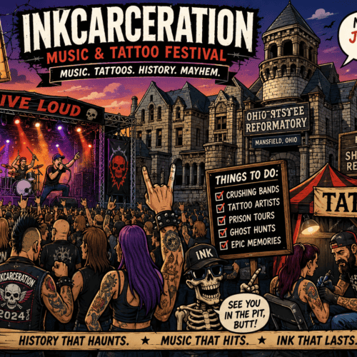 Crowd enjoying live music at Inkarceration Festival with tattoos and rock themes.