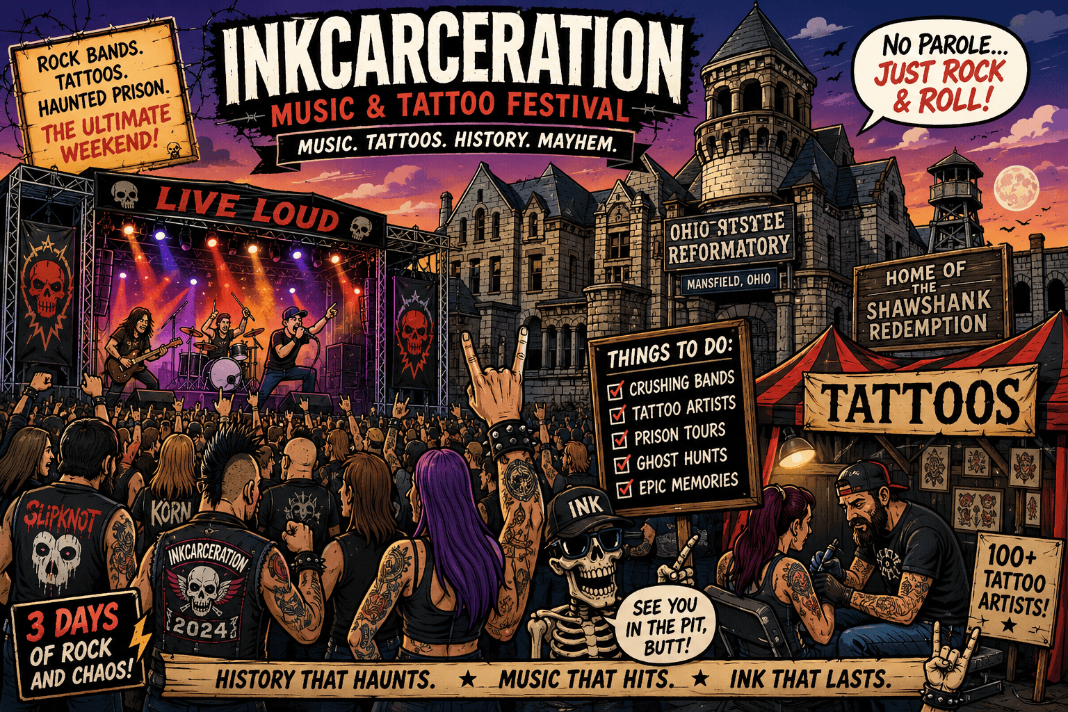 Crowd enjoying live music at Inkarceration Festival with tattoos and rock themes.