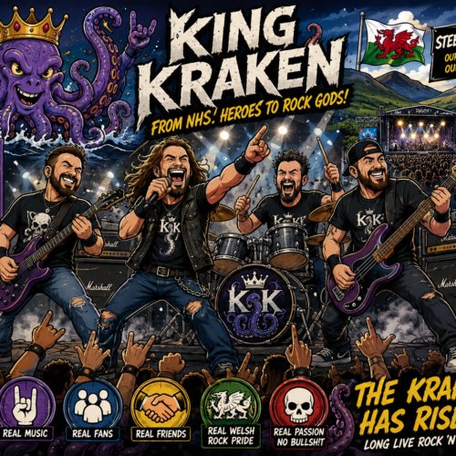 Poster for King Kraken rock festival: a purple crowned Kraken rises on the left as a four‑piece band performs center stage with a cheering crowd and festival banners in the background.