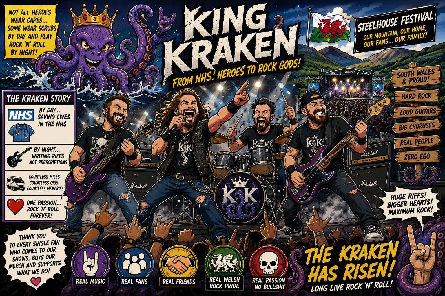Poster for King Kraken rock festival: a purple crowned Kraken rises on the left as a four‑piece band performs center stage with a cheering crowd and festival banners in the background.