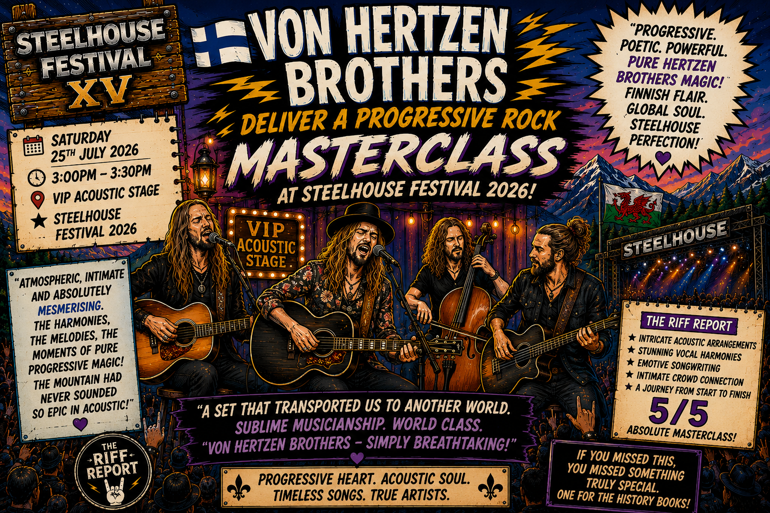 Poster for Steelhouse Festival XV featuring the Von Hertzen Brothers Masterclass on a colorful stage backdrop with guitars and scenic mountains in the background.