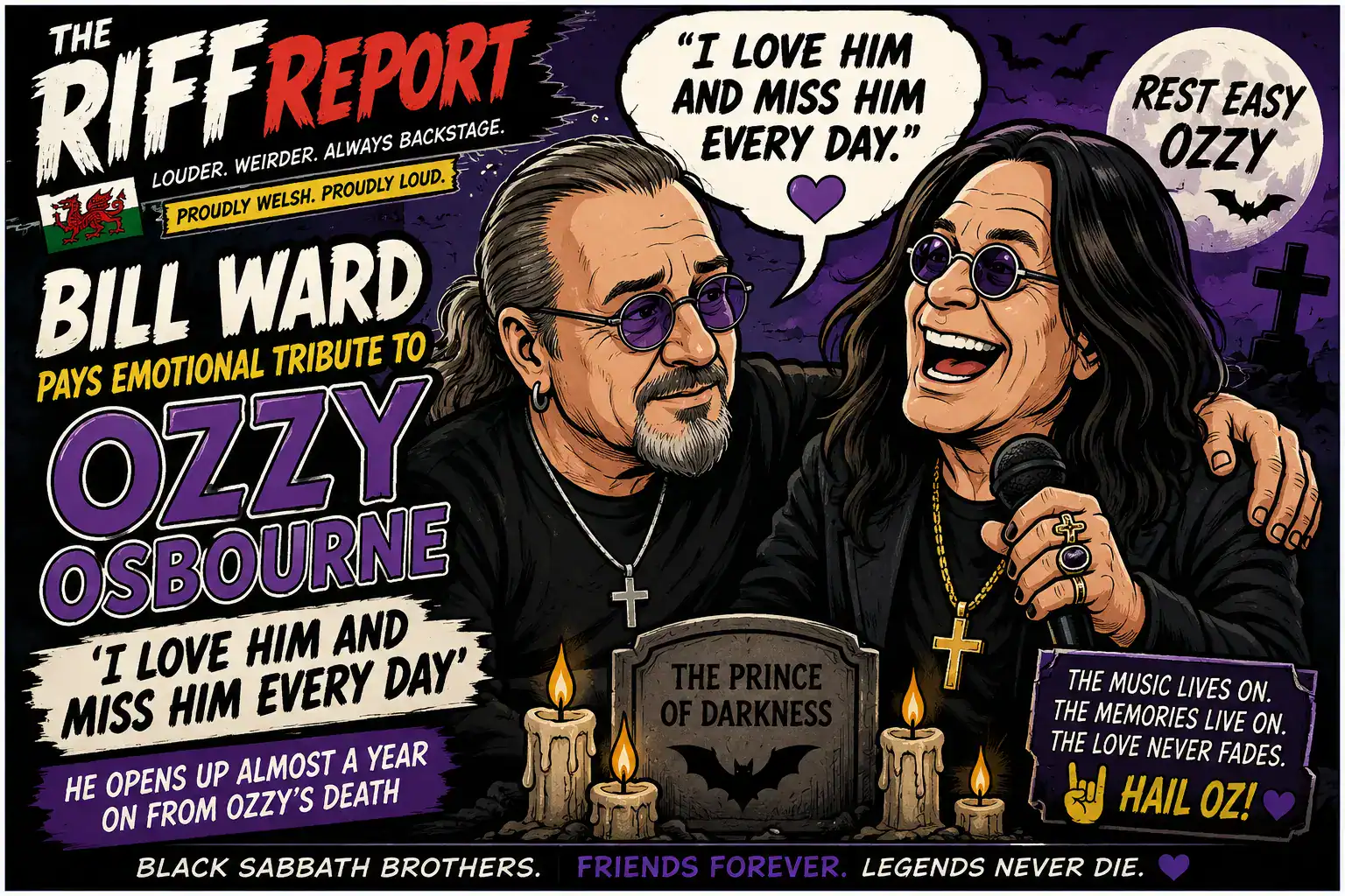 Bill Ward and Ozzy Osbourne tribute image with candles and dark background.