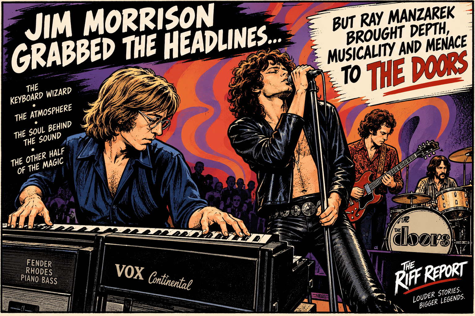 Illustration of The Doors performing live with Ray Manzarek and Jim Morrison.
