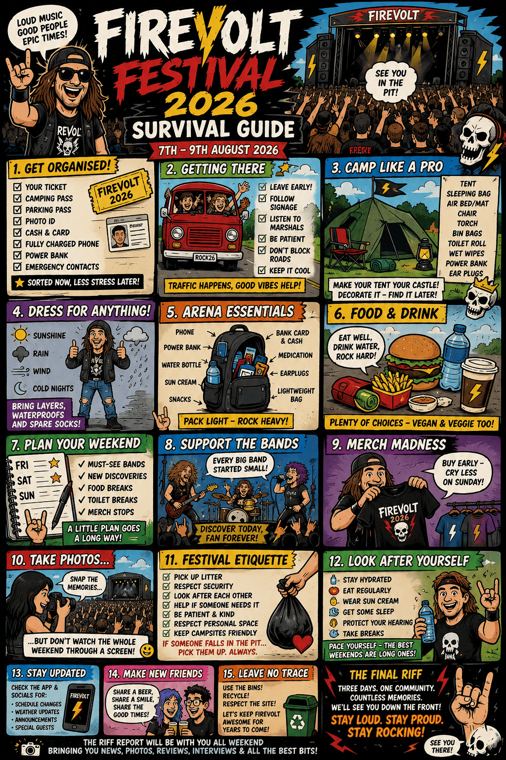 Bright festival poster titled Firevolt Festival 2026 Survival Guide, showing 15 sections with tips on tickets, travel, camping, food, and etiquette.
