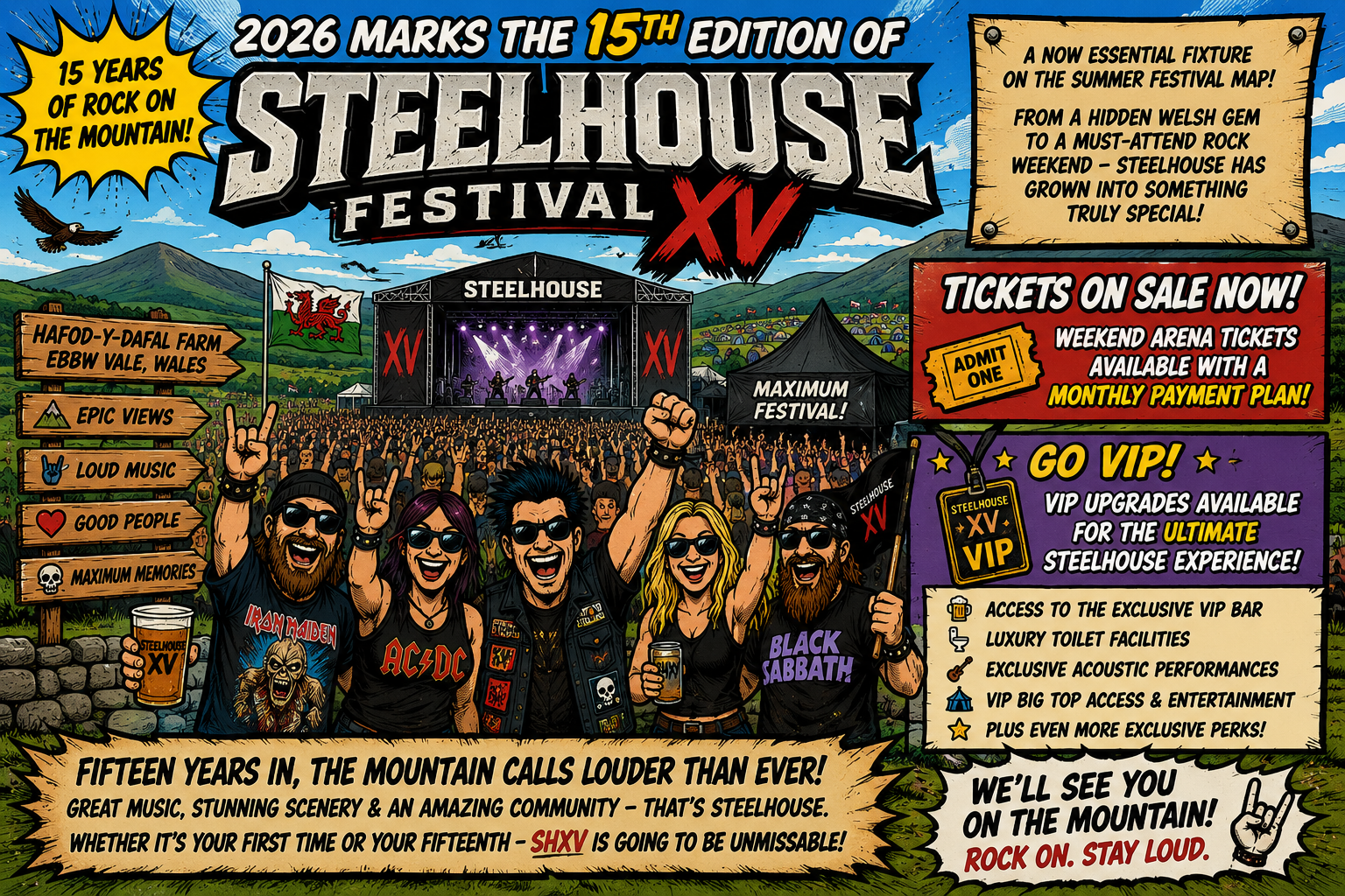 Colorful festival poster for Steelhouse Festival XV with a cheering crowd, large stage, and bold banners in a comic-book style.
