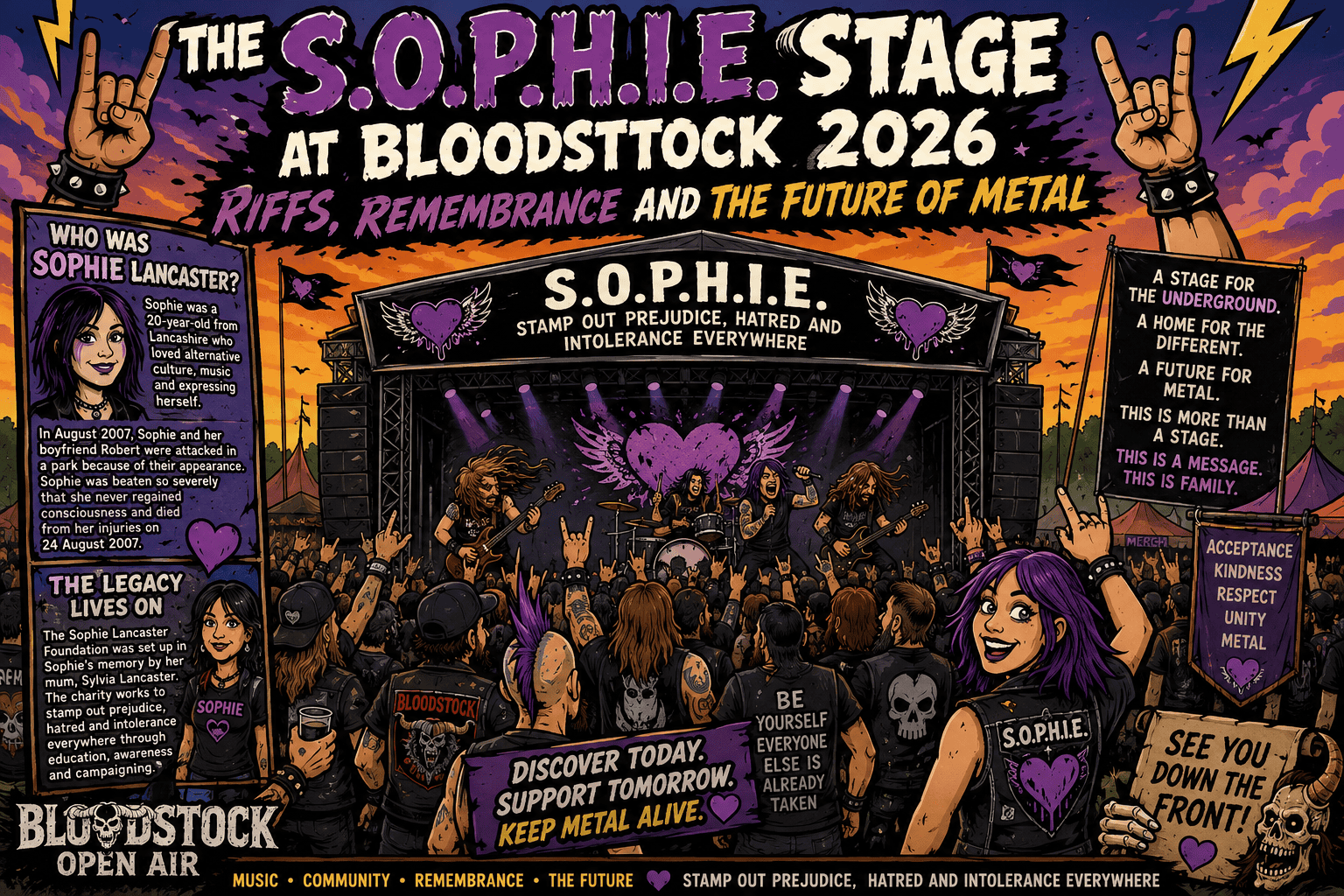 Colorful festival poster for S.O.P.H.I.E Stage at Bloodstock 2026, showing a crowd, a live band on stage, and banners about remembrance and acceptance.
