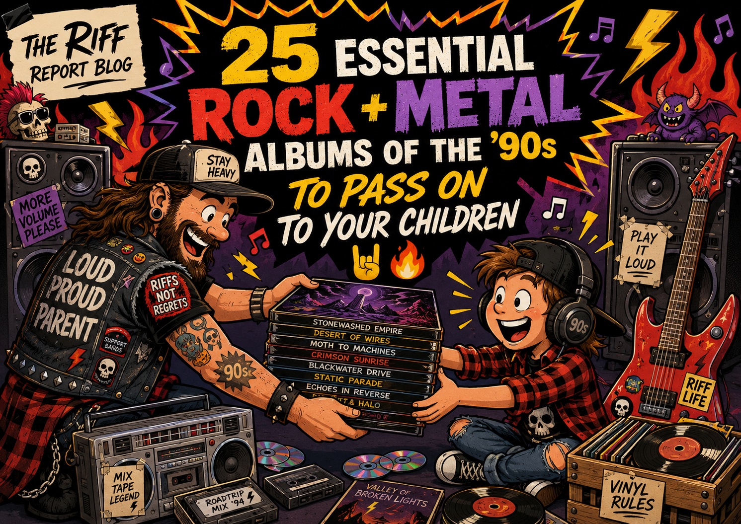 Cartoon poster advertising 25 essential rock/metal albums of the '90s; a bearded guitarist and a kid pass stacked albums between them amid guitars and speakers.