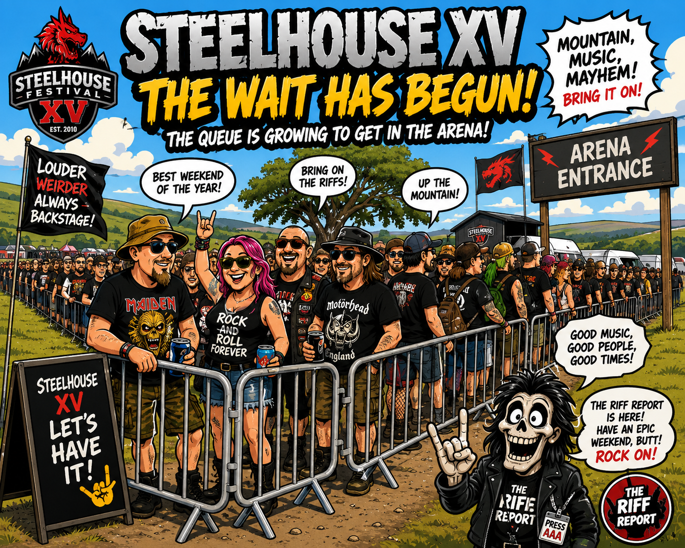 Colorful comic-style scene of Steelhouse XV festival crowd at a fenced barrier, with a big headline banner 'The Wait Has Begun' and an 'Arena Entrance' sign in the background.