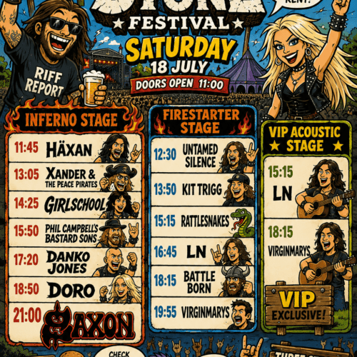 Stone Festival poster with band schedules and cartoon characters.