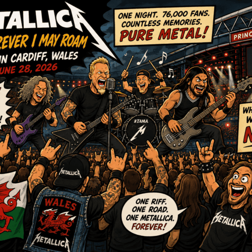 Cartoon Metallica concert poster showing the band on stage at Principality Stadium with fans in the foreground and speech bubbles mentioning Cardiff and 'Pure Metal'.