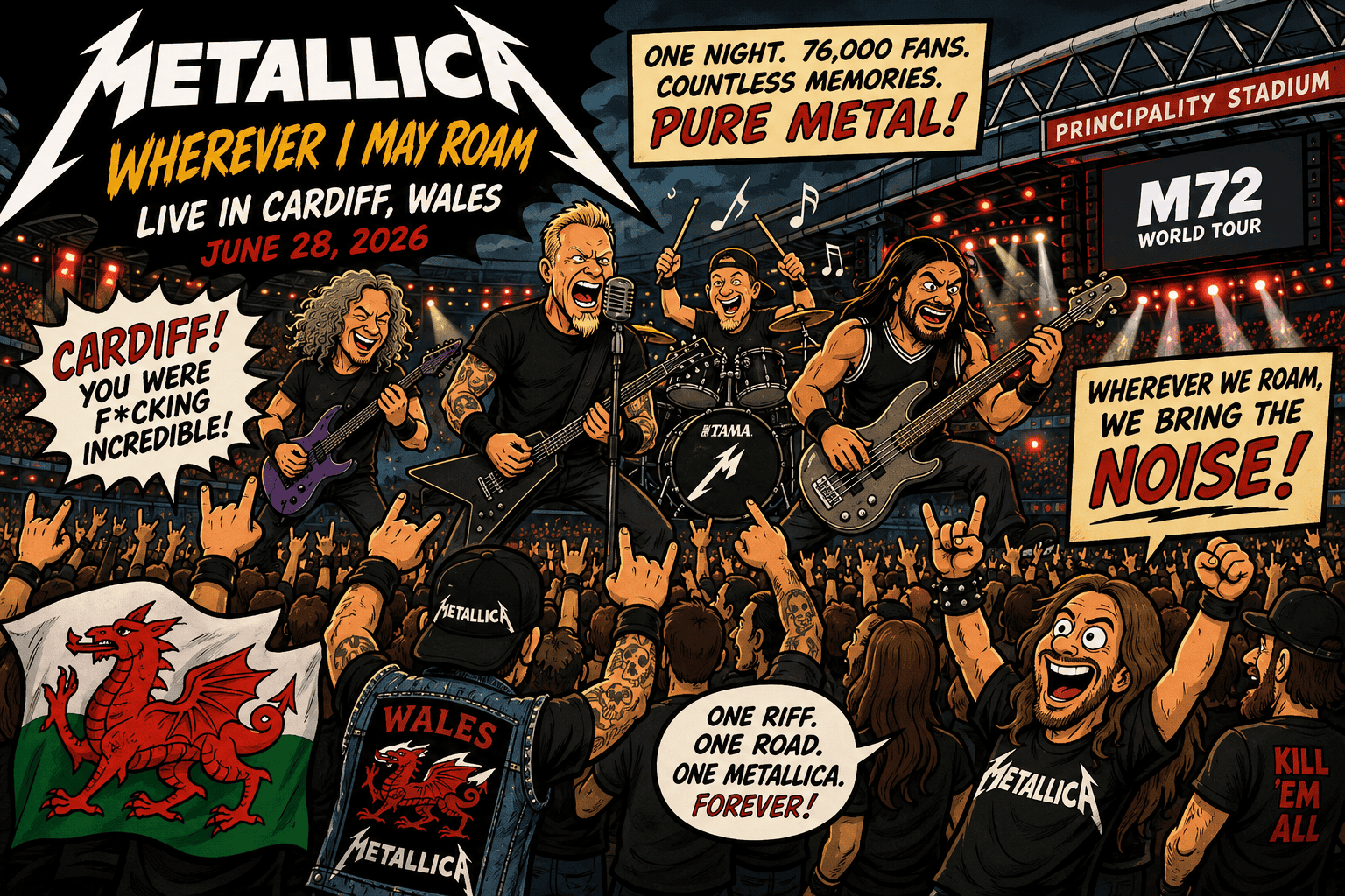 Cartoon Metallica concert poster showing the band on stage at Principality Stadium with fans in the foreground and speech bubbles mentioning Cardiff and 'Pure Metal'.