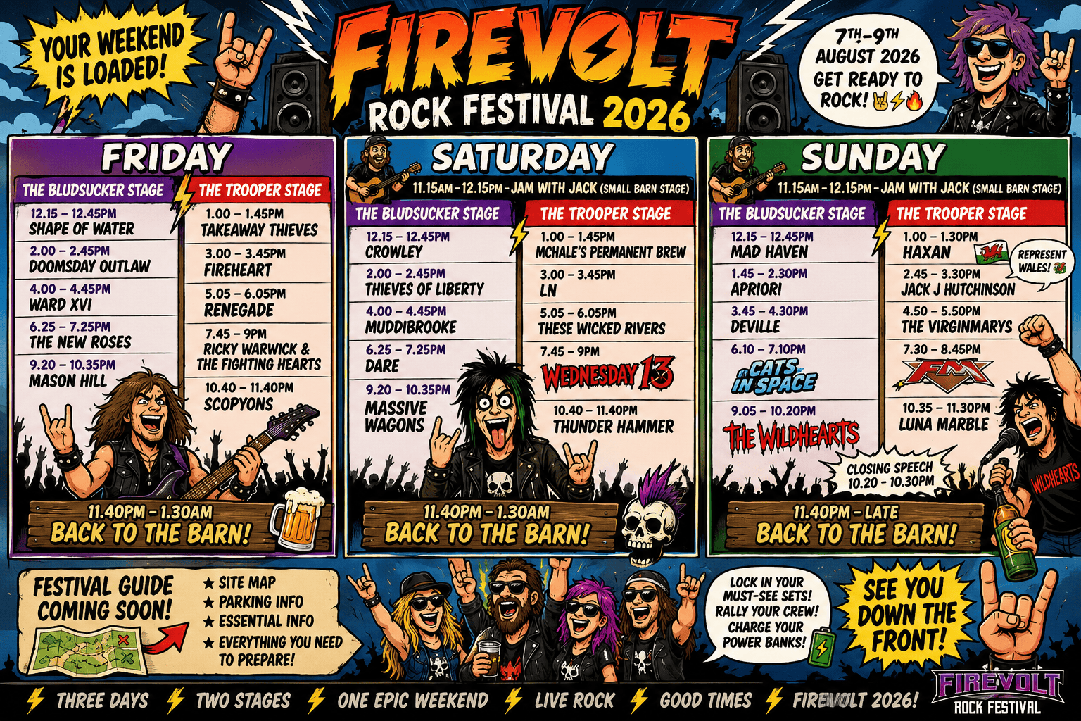 Colorful Firevolt Rock Festival 2026 poster showing Friday–Sunday lineups on two stages with a 'Back to the Barn' banner.