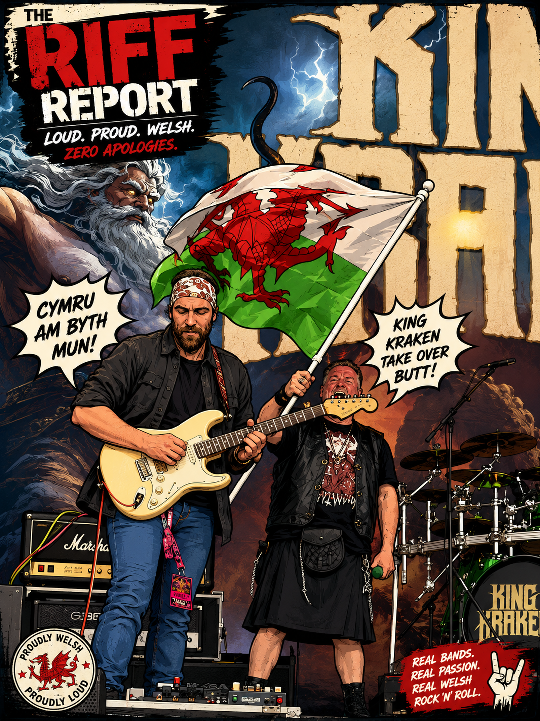 Cartoon poster of a rock band performing on stage with a Welsh flag, guitarists in black, bold text 'THE RIFF REPORT' in the corner.