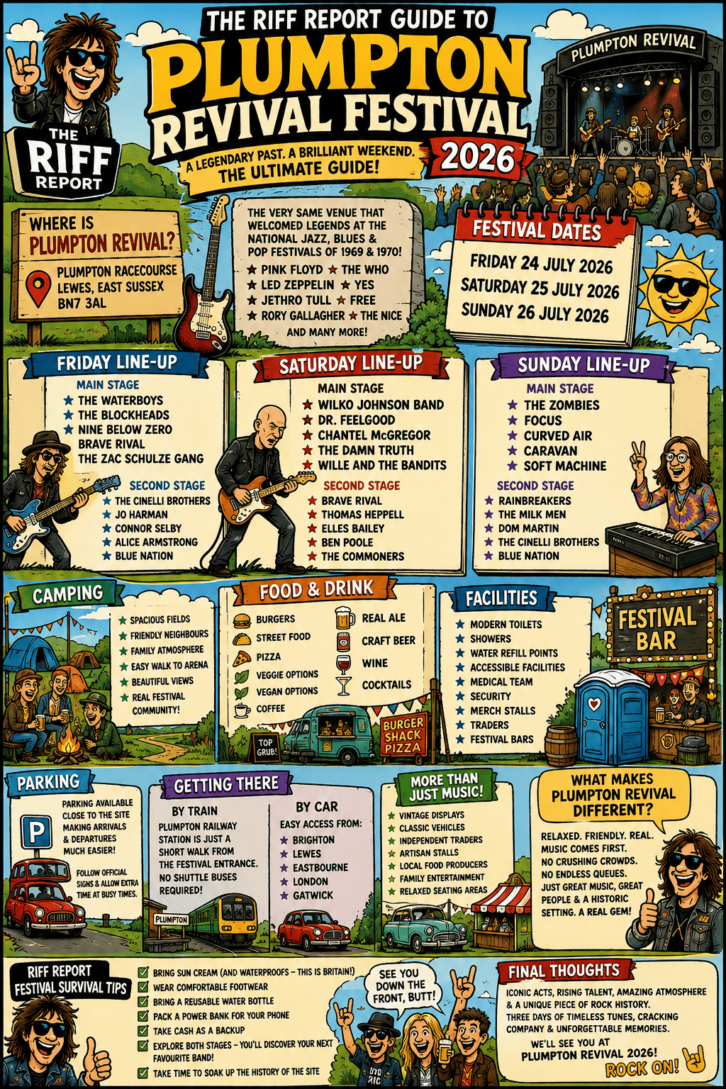 Colorful festival poster for Plumpton Revival Festival 2026 with schedule, venues, camping, food, and activities.