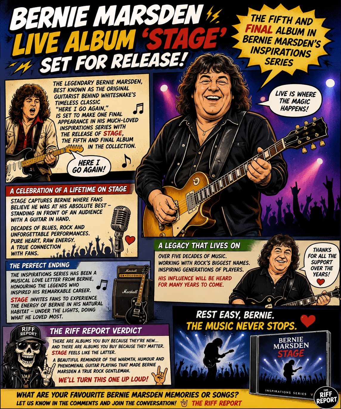 Comic-style poster celebrating Bernie Marsden's live album Stage, with a guitarist on stage and panels of text about his career and legacy, plus a cheering crowd.